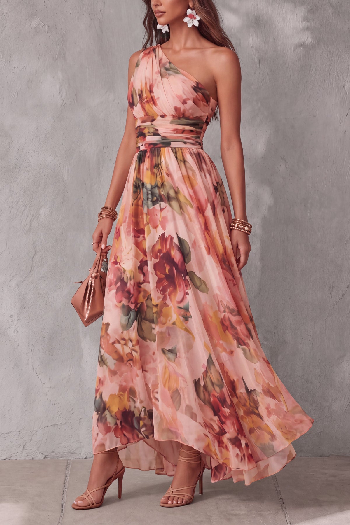 One Shoulder Floral Chiffon Maxi Dress