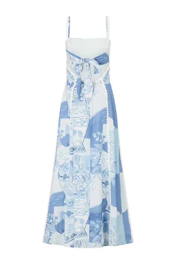 Terazza Ric Rac Linen Trims Unique Print Back Tie-up Slip Flared Linen Maxi Dress