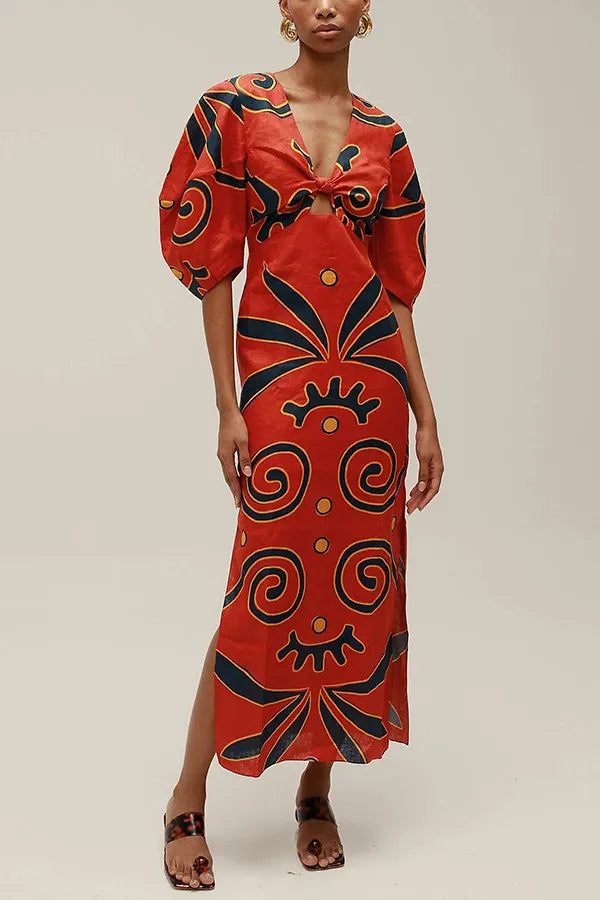 Linen Blend Color Block Print Front Cutout Knot Puff Sleeve Maxi Dress