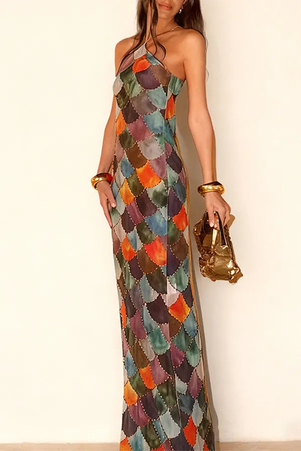 Little Mermaid Colorful Scales Print Halter Maxi Dress