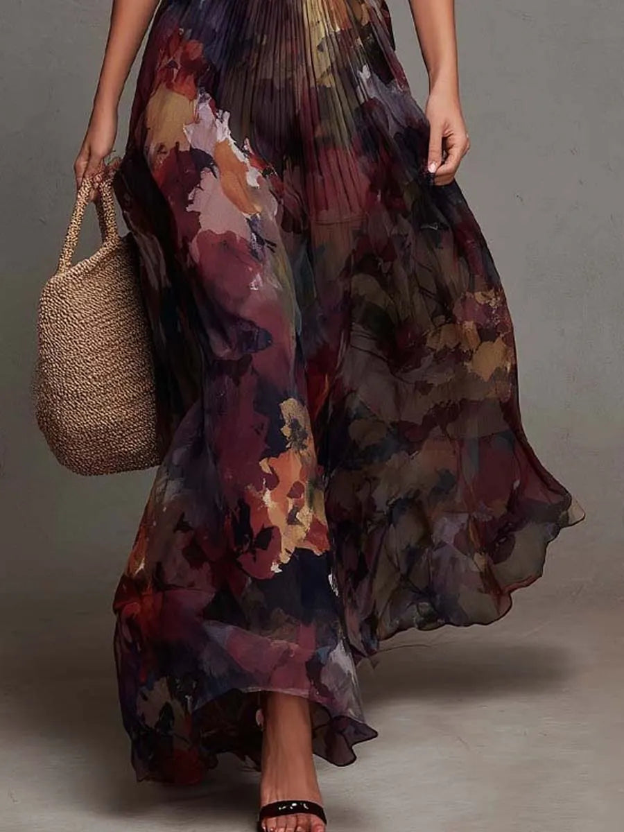 Vintage Watercolor Floral Print Pleated Chiffon Maxi Dress