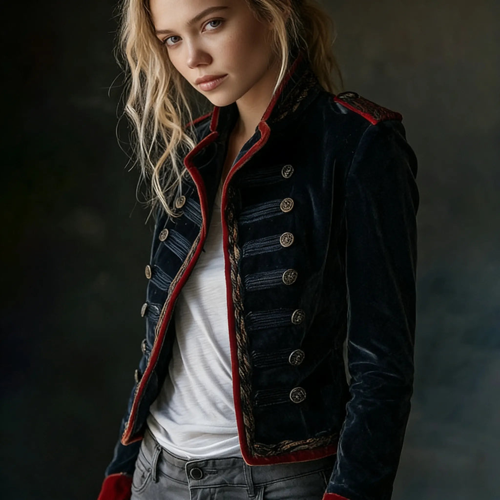 Vintage Naval Velvet Military Blazer with Red Contrast Trim