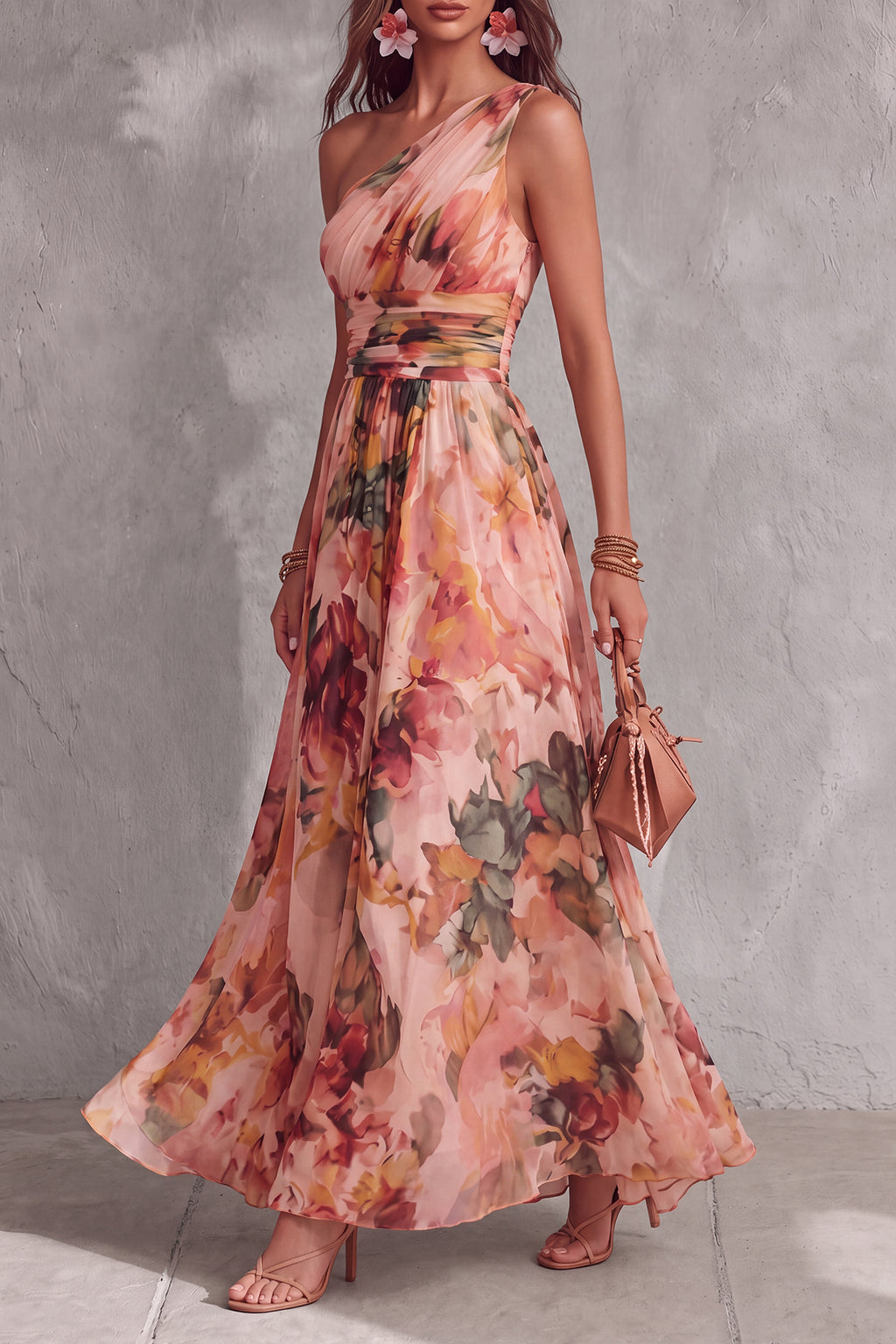One Shoulder Floral Chiffon Maxi Dress