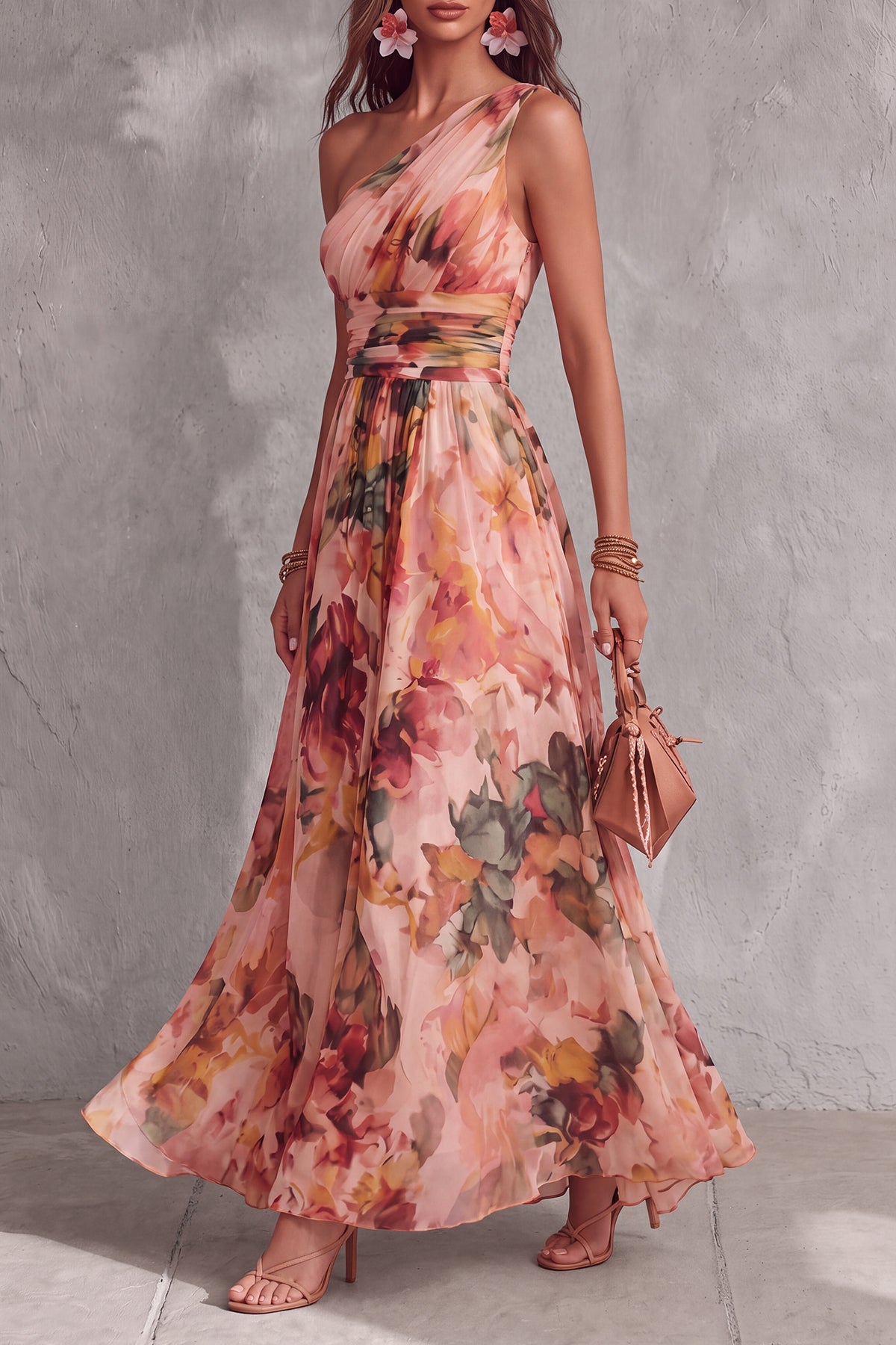 One Shoulder Floral Chiffon Maxi Dress