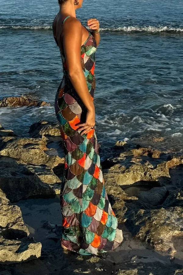 Little Mermaid Colorful Scales Print Halter Maxi Dress