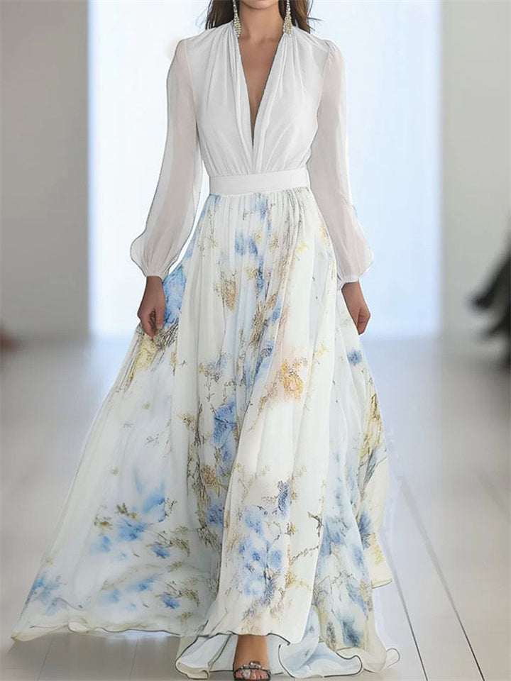 Women's Contrast Color Patchwork Long Sleeve V Neck Maxi Dress