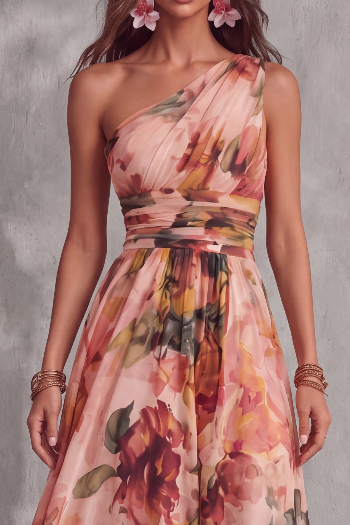 One Shoulder Floral Chiffon Maxi Dress