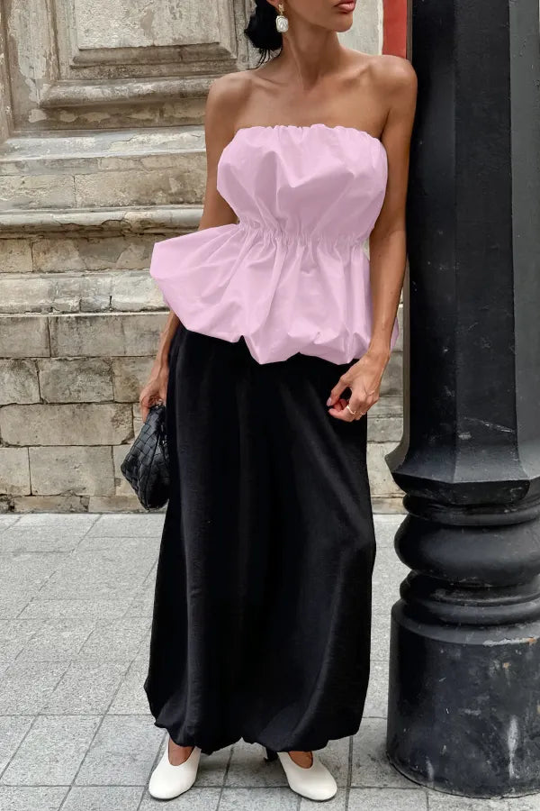 Solid Color Sleeveless Off-shoulder Elastic Waist Strapless Top