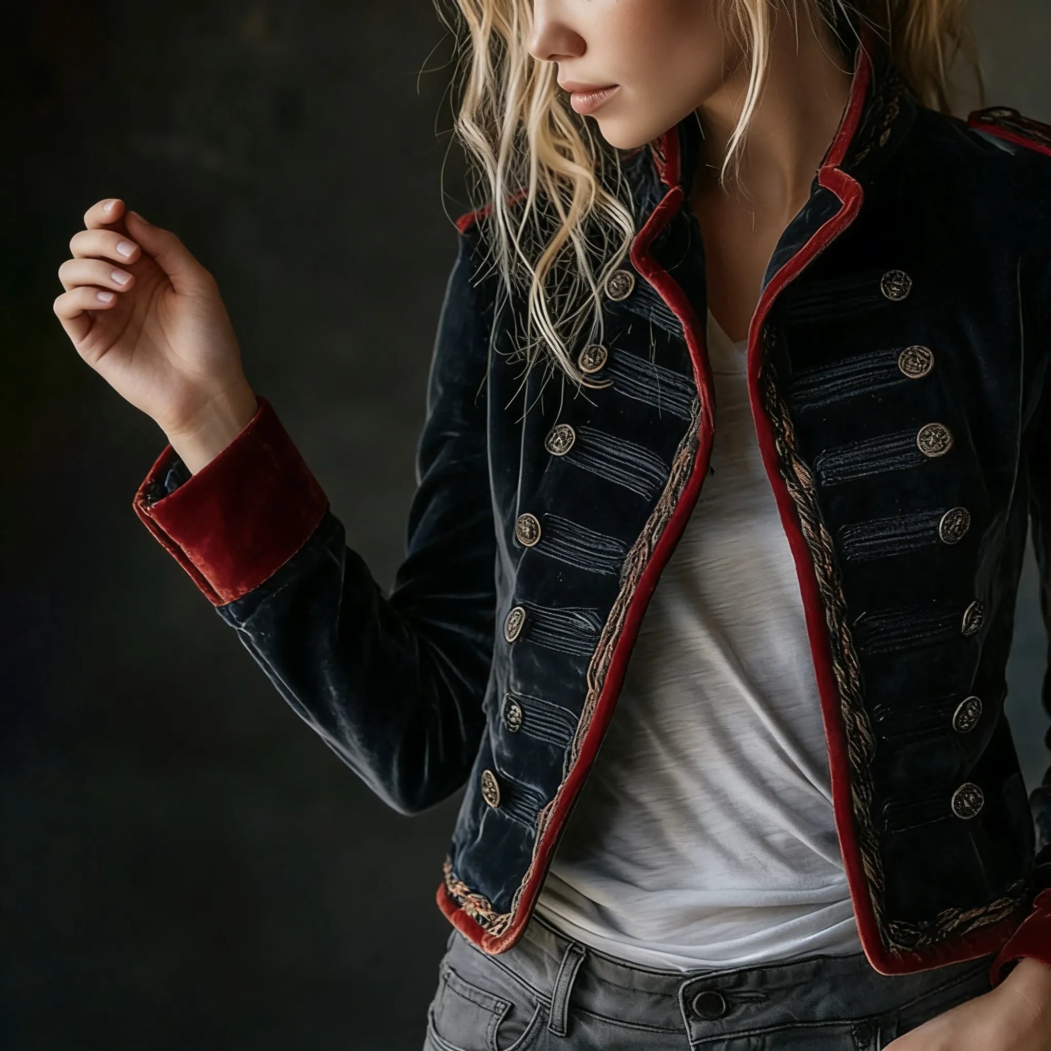 Vintage Naval Velvet Military Blazer with Red Contrast Trim