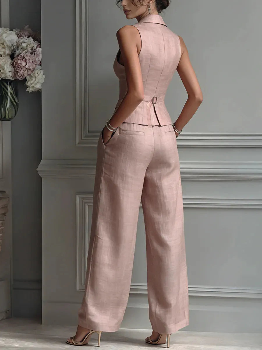 Women's Elegant Tailored Vest & Wide-Leg Pants Set - 2 Piece Chic Power Suit for Office & Leisure