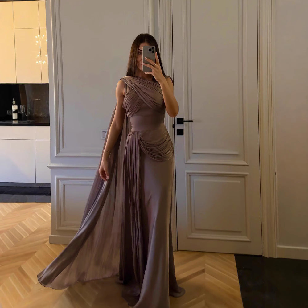 Pleated Satin Ribbon Evening Dress