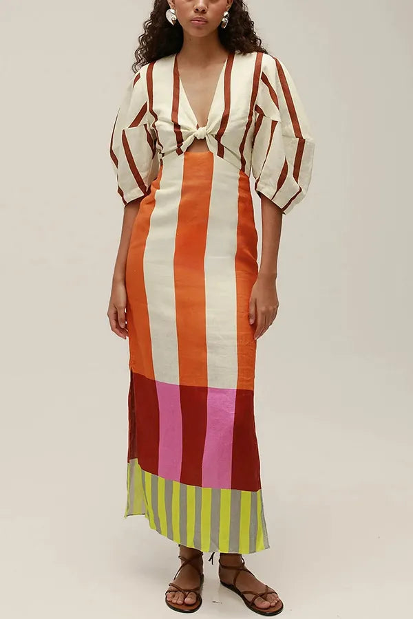 Linen Blend Color Block Print Front Cutout Knot Puff Sleeve Maxi Dress