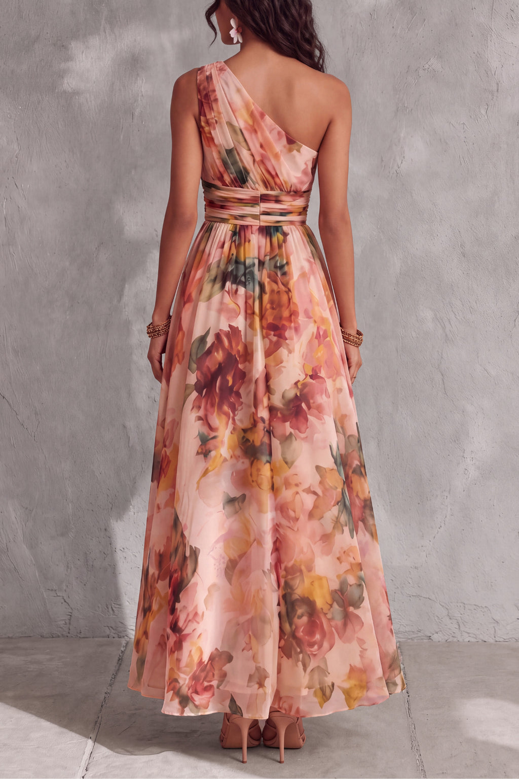 One Shoulder Floral Chiffon Maxi Dress