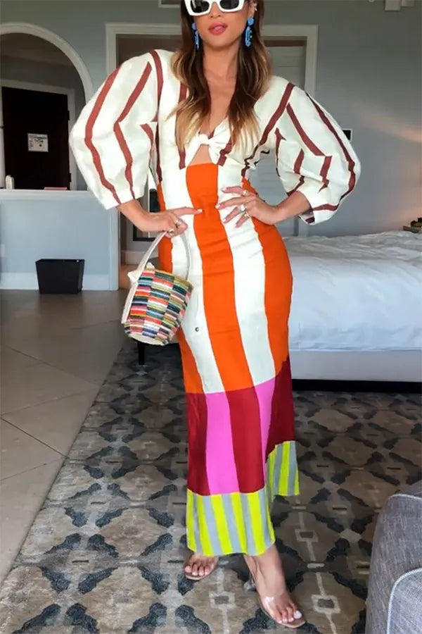 Linen Blend Color Block Print Front Cutout Knot Puff Sleeve Maxi Dress
