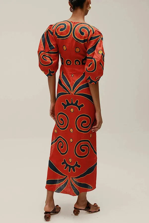 Linen Blend Color Block Print Front Cutout Knot Puff Sleeve Maxi Dress
