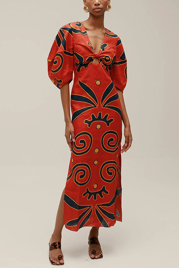 Linen Blend Color Block Print Front Cutout Knot Puff Sleeve Maxi Dress