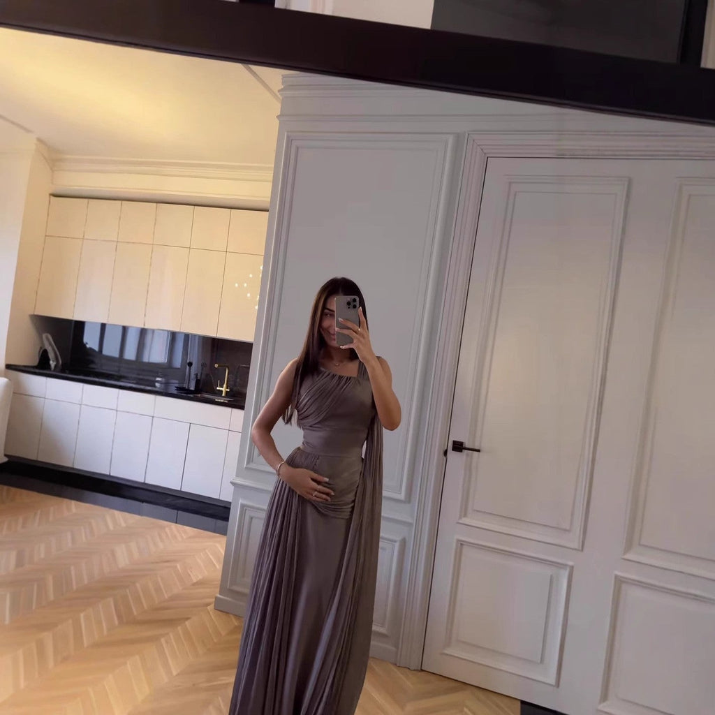 Pleated Satin Ribbon Evening Dress