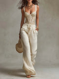 Bohemian Lace bodycon vest & Cotton Wide-Leg Pants Two-Piece Set