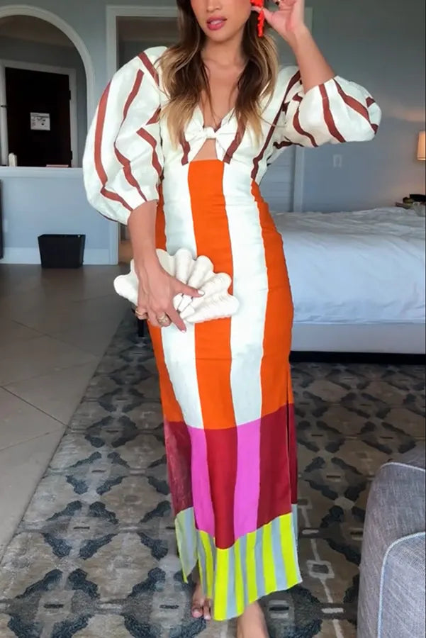 Linen Blend Color Block Print Front Cutout Knot Puff Sleeve Maxi Dress
