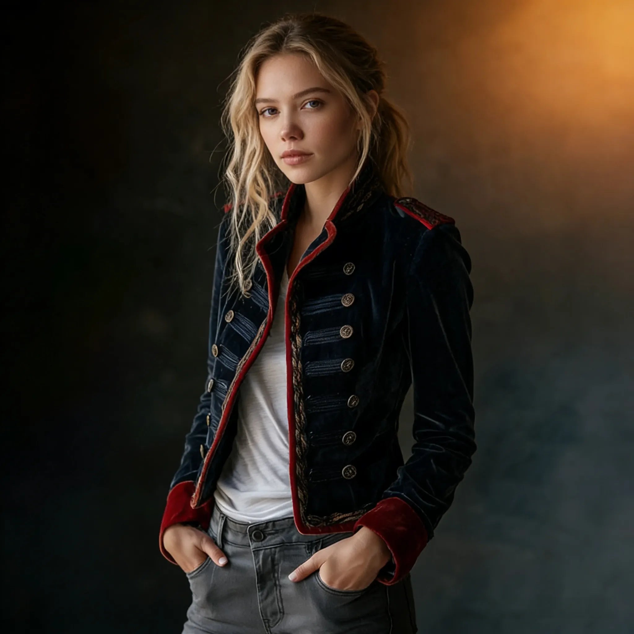 Vintage Naval Velvet Military Blazer with Red Contrast Trim