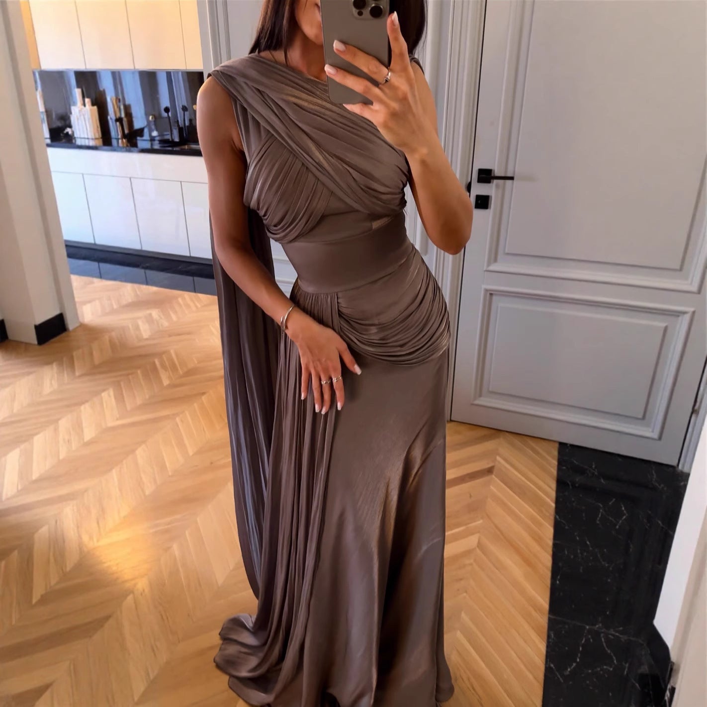 Pleated Satin Ribbon Evening Dress