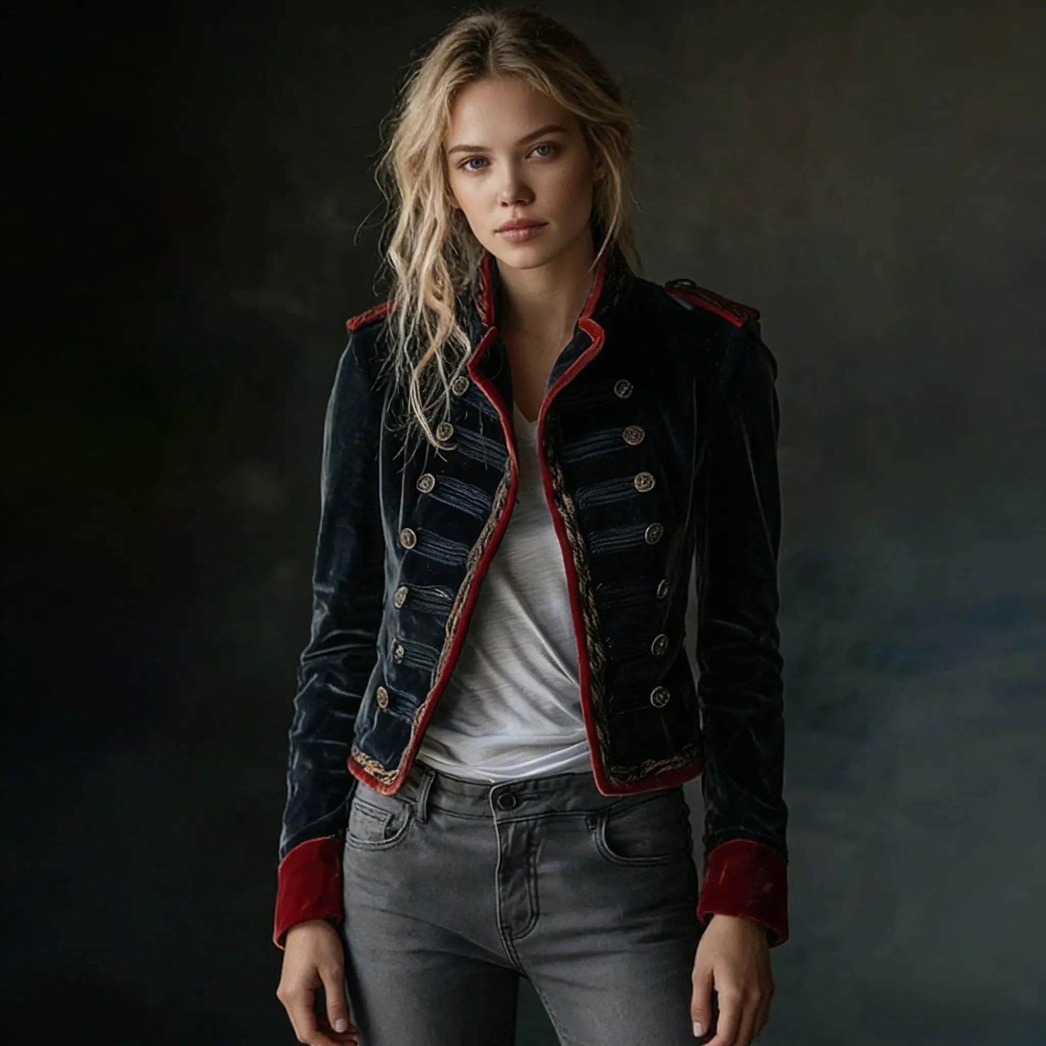 Vintage Naval Velvet Military Blazer with Red Contrast Trim