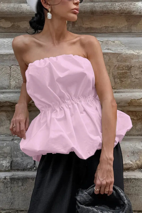 Solid Color Sleeveless Off-shoulder Elastic Waist Strapless Top