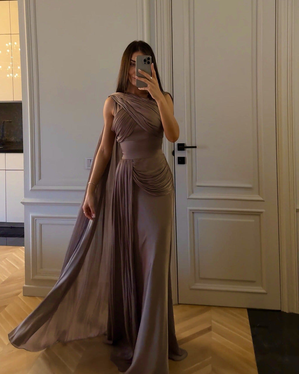 Pleated Satin Ribbon Evening Dress