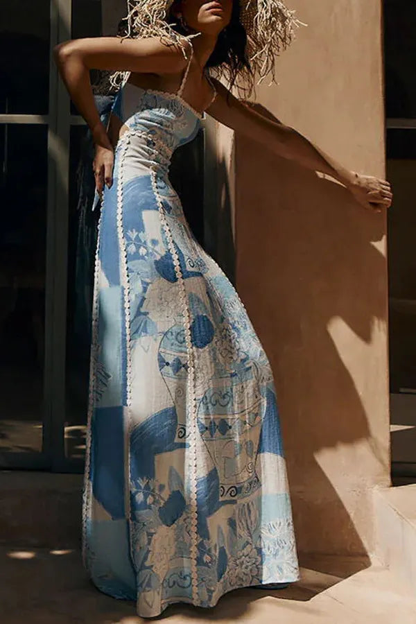 Terazza Ric Rac Linen Trims Unique Print Back Tie-up Slip Flared Linen Maxi Dress