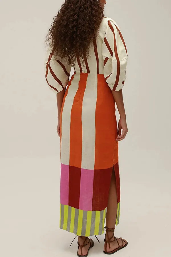 Linen Blend Color Block Print Front Cutout Knot Puff Sleeve Maxi Dress