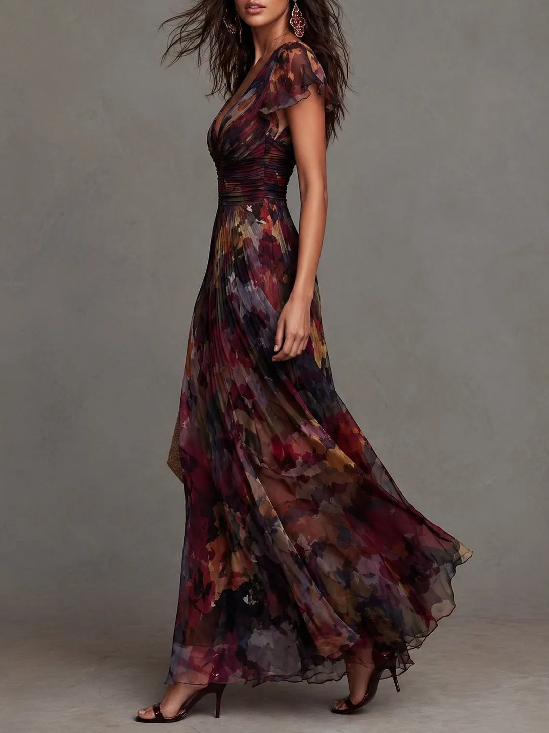 Vintage Watercolor Floral Print Pleated Chiffon Maxi Dress