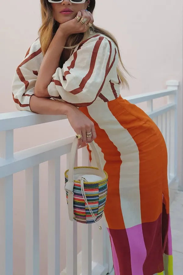 Linen Blend Color Block Print Front Cutout Knot Puff Sleeve Maxi Dress
