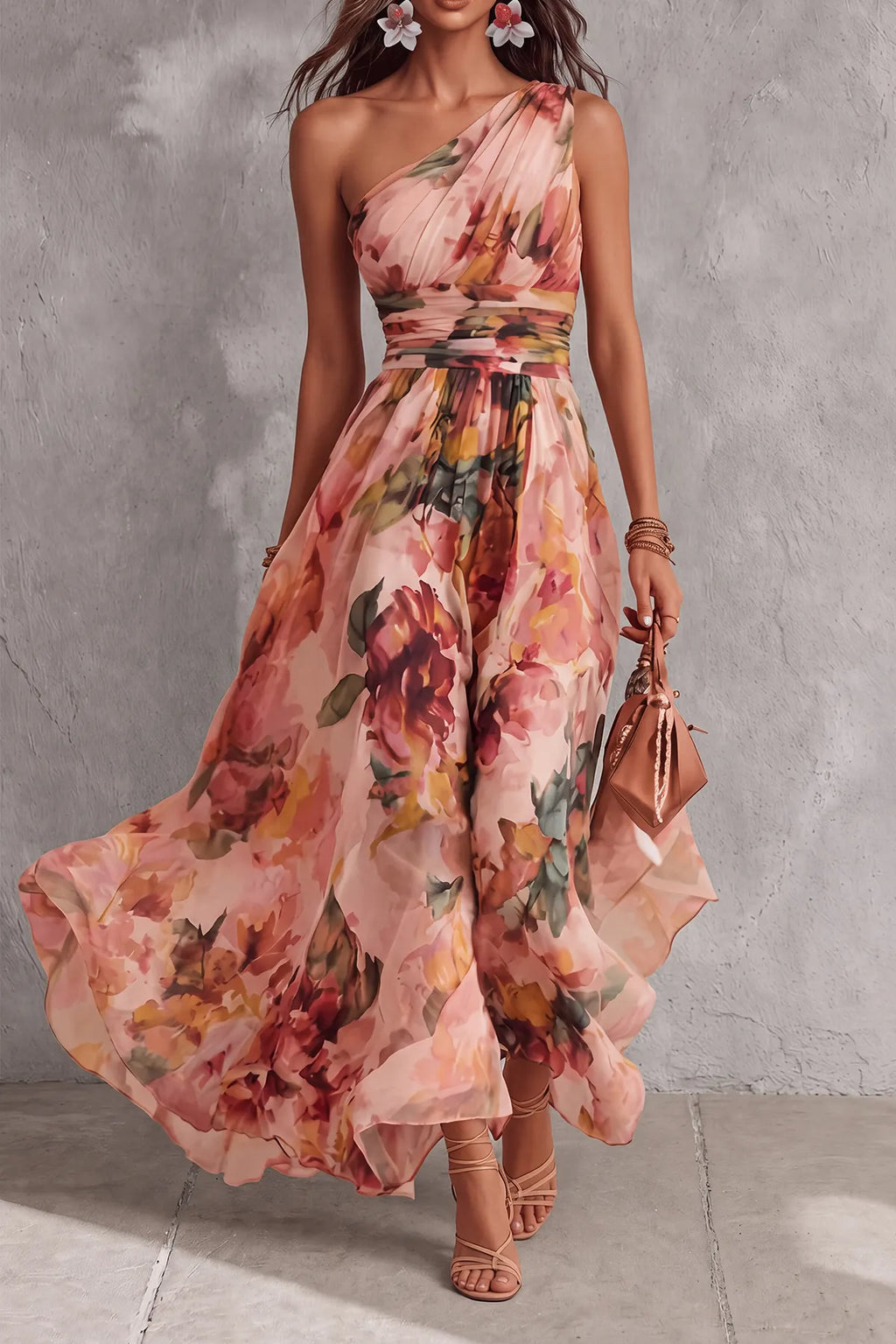 One Shoulder Floral Chiffon Maxi Dress