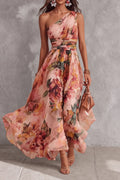 One Shoulder Floral Chiffon Maxi Dress