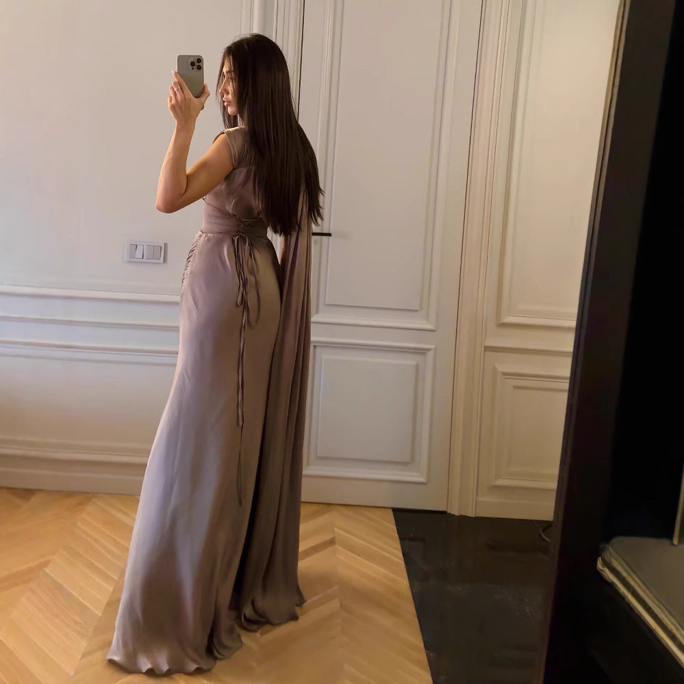 Pleated Satin Ribbon Evening Dress