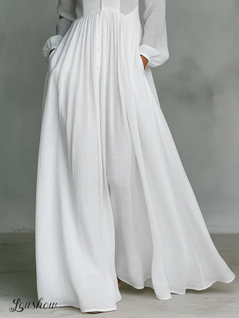 Women's Minimalist Cotton And Linen Patchwork Single-breasted Stand-up Collar Long-sleeved Maxi Dress