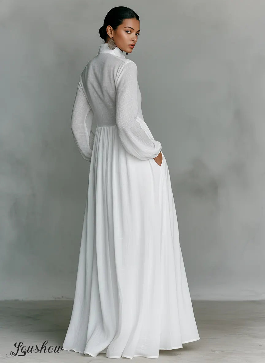 Women's Minimalist Cotton And Linen Patchwork Single-breasted Stand-up Collar Long-sleeved Maxi Dress