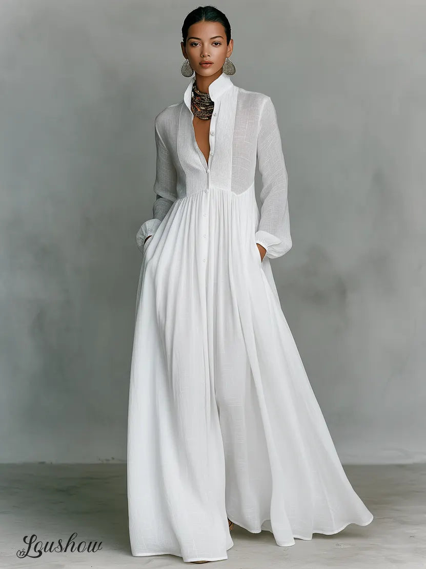 Women's Minimalist Cotton And Linen Patchwork Single-breasted Stand-up Collar Long-sleeved Maxi Dress