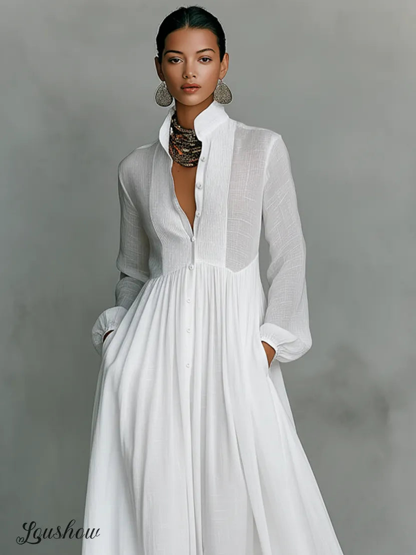 Women's Minimalist Cotton And Linen Patchwork Single-breasted Stand-up Collar Long-sleeved Maxi Dress